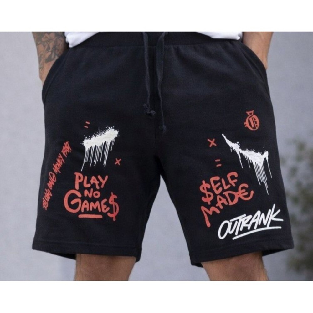 Outrank Men’s Black Graphic Fleece Shorts Size Large Drawstring Streetwear